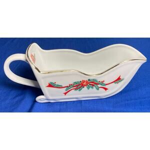 Gravy Boat Holiday Christmas Sleigh Poinsettia and Ribbons Red Green White 16oz